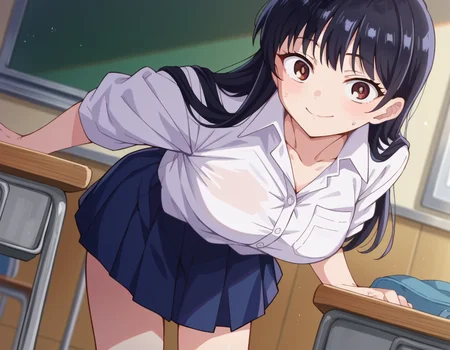 score_9, score_8_up, score_7_up, source_anime,
annayamada, <lora:anna-yamada-s2-ponyxl-lora-nochekaiser:1>,
anna yamada, long hair, bangs, black hair, brown eyes,
skirt, shirt, school uniform, white shirt, pleated skirt, collared shirt, sweatdrop, blue skirt, pocket, shirt tucked in,
indoors, classroom, smile, bent over,
looking at viewer, cowboy shot, dutch angle,