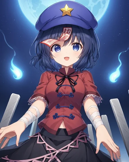 miyako yoshika,1girl, red_shirt, solo, short_sleeves, black_skirt, ofuda, star_hat_ornament, jiangshi, cabbie_hat, star_\(symbol\), open_mouth, medium_breasts, neck_ribbon, bandages, blood, black_ribbon, dutch_angle, looking_at_viewer, tangzhuang, lace-trimmed_sleeves, zombie_pose, chromatic_aberration, fang, smile, blue_headwear, upper_body, tombstone, tongue, purple_headwear, night_sky
<lora:miyako_yoshika_image2483_2023-12-20:1>,star-shaped_pupils,symbol-shaped_pupils,. gorgeous,key visual, vibrant, studio anime,award-winning, professional, highly detailed,high budget, cinemascope