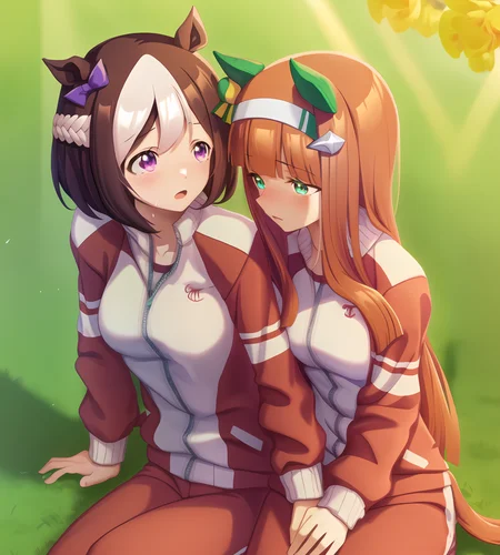 SpecialWeek, tracen gym uniform; SilenceSuzuka, tracen gym uniform; 2girls, yuri, illustration, sitting on sports ground ,
extremely detailed cg, 4K wallpaper, horse girls, sitting, horse tails, beautiful sunlight, flowers