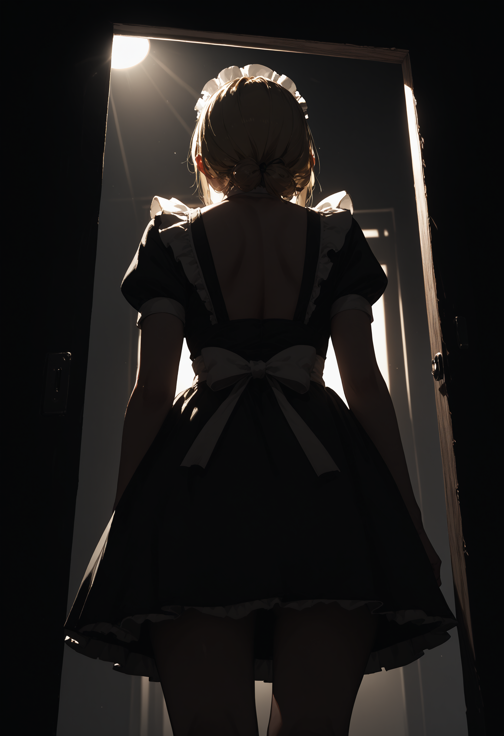 score_9, score_8_up, score_7_up, score_6_up, <lora:dark_v1.9-pony:1.0> 
dark theme, dim light, dark room, dark background, silhouette, 
1girl, blonde hair, maid, short skirt, from behind, doorway, cowboy shot, backlighting, light rays, 
from below,