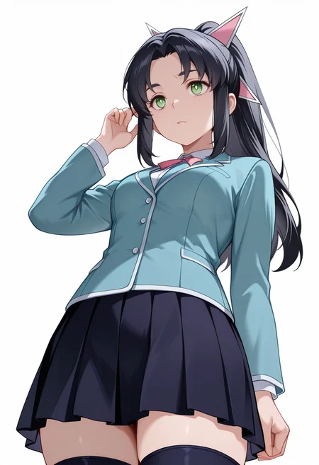 masterpiece,high quality details, ultra realistic, high detailed skin,absurdres,
Hand on own ear,
<lora:Ayaka_Kusagakure:0.8>
ayaka_cnr, 1girl, black hair, long hair, ponytail,parted bangs, sidelocks, green eyes, hair ornament,, simple background, white background, from below,solo,, bored,horrified,, blazer,blazer ,cheongsam skirt, ,thighhighs,