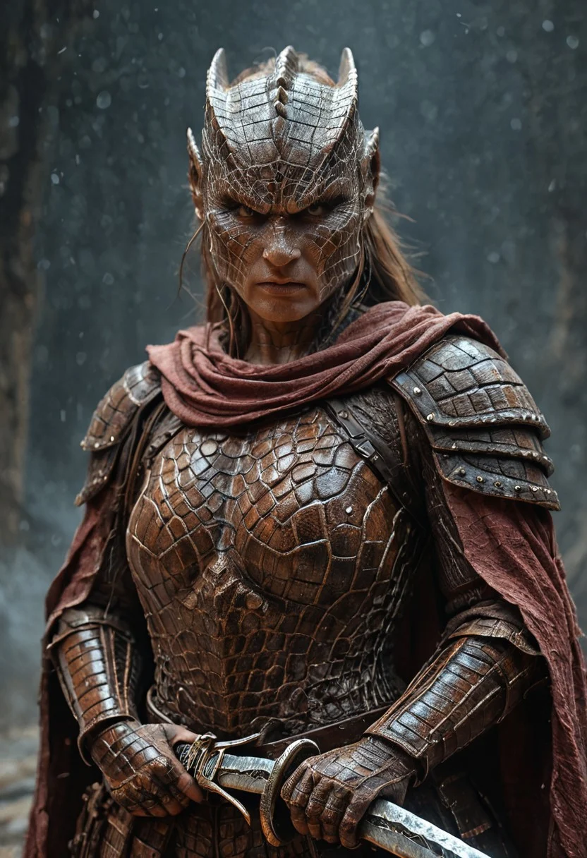 A powerful red humanoid female dragon warrior, her skin is textured like crocodile hide, detailed scales and rugged texture, she wears ornate armor with dragon-scale patterns, wielding a massive sword, her expression is fierce and determined, a dynamic action pose, a fantasy setting with volcanic landscapes, volumetric lighting, high detail, realistic rendering, a blend of beauty and strength, masterpiece, digital art