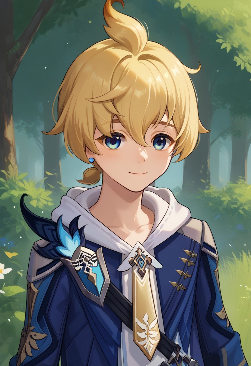 score_9, score_7_up, source_anime  
mika, 1boy, male focus, solo, blue eyes, blonde hair, short hair, bangs, hair between eyes, ahoge, short ponytail, jewelry, earrings, hoodie, white hoodie, hood, necktie, yellow necktie, jacket, blue jacket,
outdoor, nature, smile, upper body,