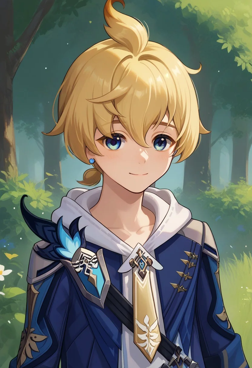 score_9, score_7_up, source_anime
mika, 1boy, male focus, solo, blue eyes, blonde hair, short hair, bangs, hair between eyes, ahoge, short ponytail, jewelry, earrings, hoodie, white hoodie, hood, necktie, yellow necktie, jacket, blue jacket,
outdoor, nature, smile, upper body,
