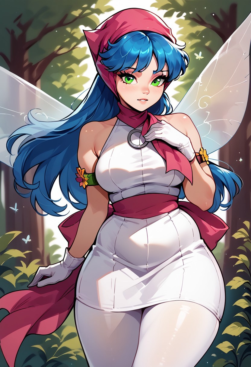 "score_9, score_8_up, score_7_up, score_6_up, score_5_up, score_4_up,
1girl, pixieds, green eyes, blue hair, long hair, bandana, scarf, white dress, white pantyhose, fairy wings, white gloves, armlet, large ass, large breasts, shy look, forest, chubby