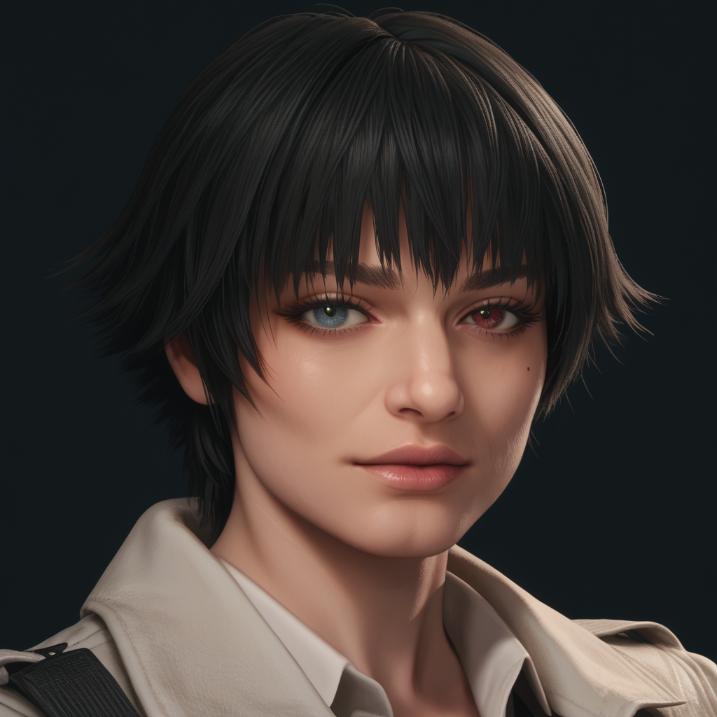 detailed realistic photo, score_9, score_8_up, score_7_up, score_6_up, score_5_up, score_4_up, <lora:LadyDMC5Screens_t3-000013-128:1.0> 1girl, DMCLady, short hair, black hair, heterochromia
, simple background, close-up, looking at viewer, mature