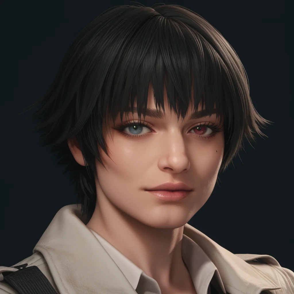 detailed realistic photo, score_9, score_8_up, score_7_up, score_6_up, score_5_up, score_4_up, <lora:LadyDMC5Screens_t3-000013-128:1.0> 1girl, DMCLady, short hair, black hair, heterochromia
, simple background, close-up, looking at viewer, mature