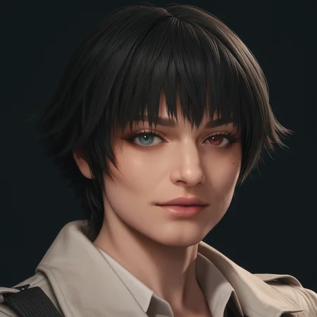 detailed realistic photo, score_9, score_8_up, score_7_up, score_6_up, score_5_up, score_4_up, <lora:LadyDMC5Screens_t3-000013-128:1.0> 1girl, DMCLady, short hair, black hair, heterochromia
, simple background, close-up, looking at viewer, mature