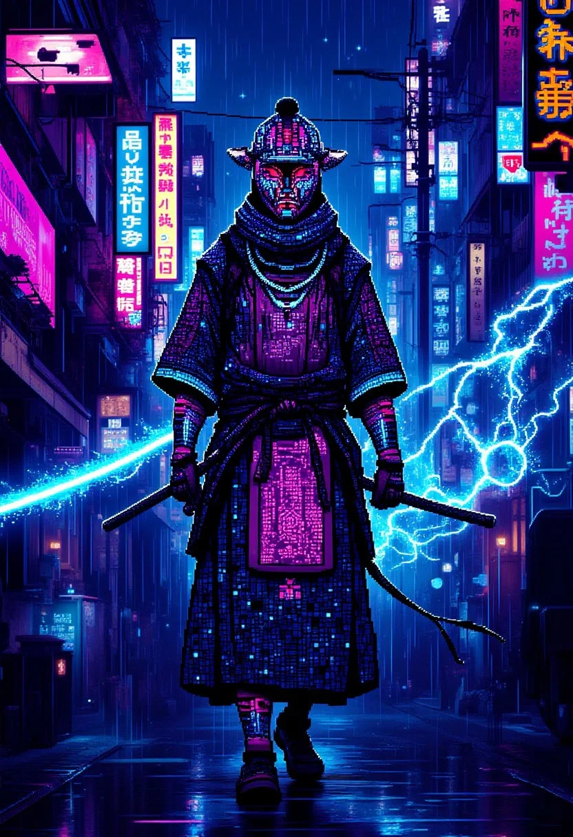 A neon samurai, his body adorned with holographic armor that shifts in color with every step, walks through the neon-drenched streets of a cybernetic Tokyo. His katana, humming with digitized energy, slices through the rain, leaving a trail of flickering blue data in its wake. His helmet bears no visor, only an ever-changing LED mask that reflects the emotions of a warrior who has forgotten his own face.
, pinkpixelicious, aidmamj6.1,