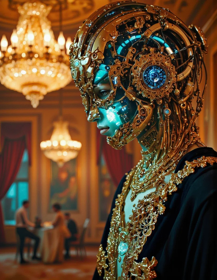 SentinelBot. A cinematic film still, high detailed close up photo of a mechanical creature with glowing, intricate cybernetic details, adorned in a gold-encrusted baroque outfit. The scene takes place in an opulent cyberpunk ballroom, where neon lights from the chandeliers reflect off their polished, hyperrealistic surfaces. <lora:The_Vanguard:1.1>