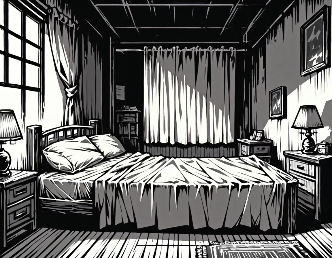 score_9, score_8_up, score_7_up,  <lora:Clean Sketch (J) style:1> monochrome, bedroom with a bed and end table,