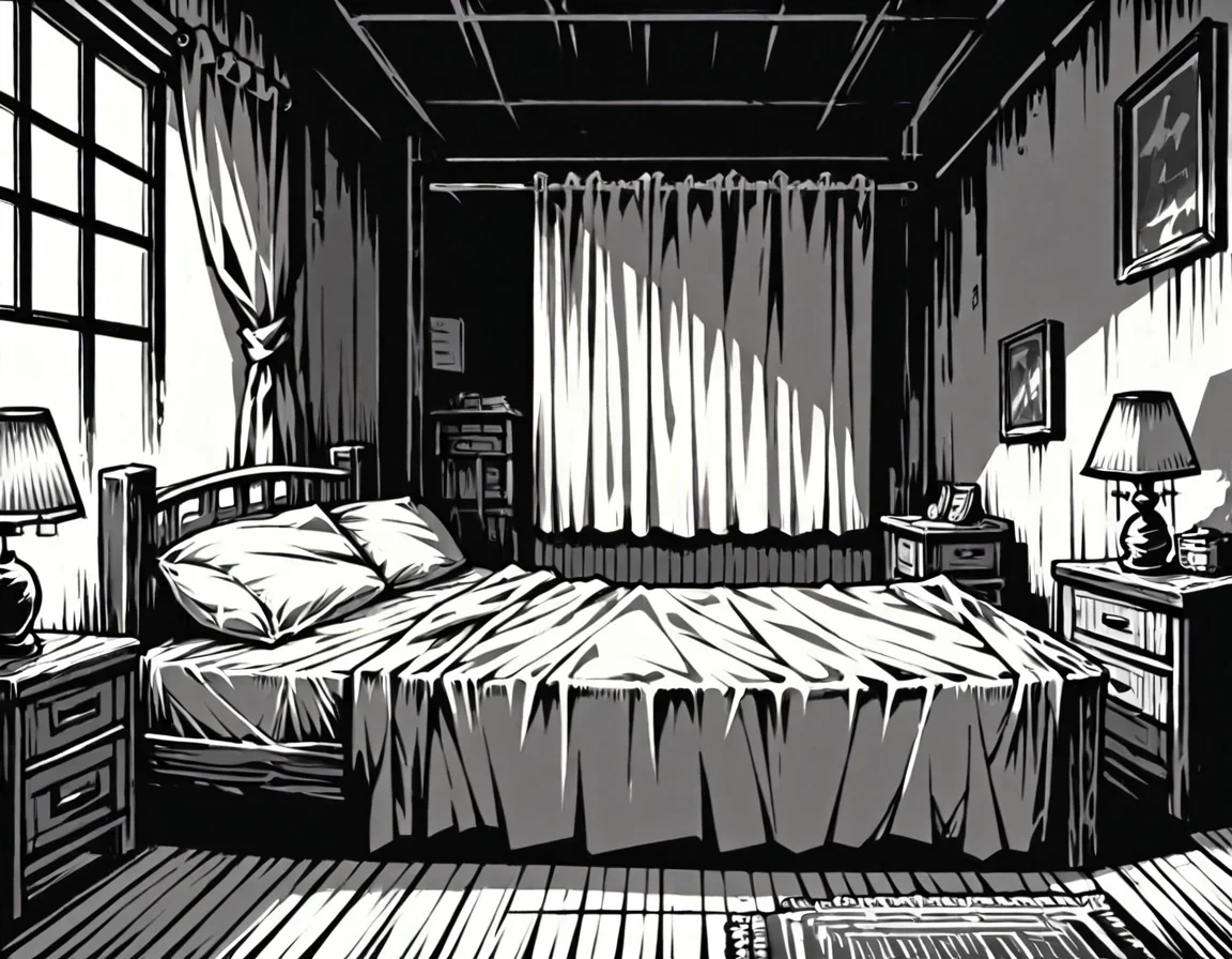 score_9, score_8_up, score_7_up, <lora:Clean Sketch (J) style:1> monochrome, bedroom with a bed and end table,