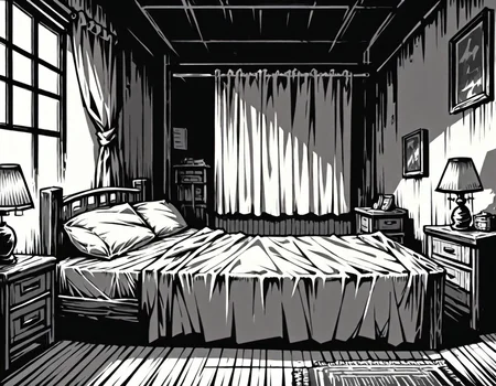 score_9, score_8_up, score_7_up, <lora:Clean Sketch (J) style:1> monochrome, bedroom with a bed and end table,