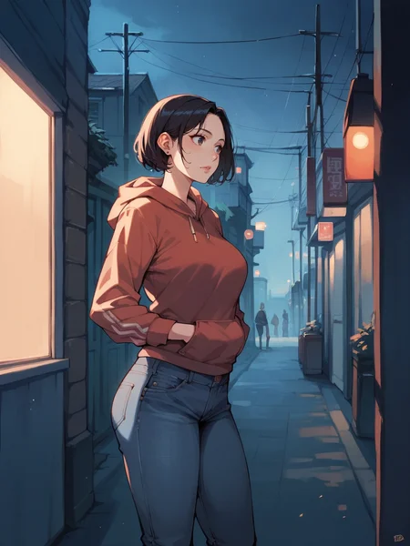 score_9, score_8_up, score_7_up, score_6_up, <lora:d4rkv1b3XLP:0.9> d4rkv1b3, dark, night, 1girl, curvy, jeans, hoodie