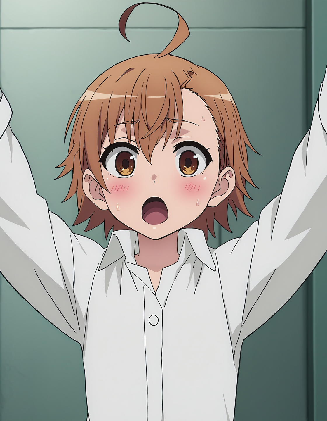 score_9, score_8_up, score_7_up, score_6_up, score_5_up, score_4_up, <lora:LastOrd_T1V0:0.85>, <lora:sdxl_lightning_8step_lora:1>, 
source_anime, anime screencap, 1girl, solo, 
LastOrd_T1V0, female child, brown hair, short hair, asymmetrical hair, ahoge, brown eyes, flat chest, blush, 
white shirt, collared shirt, oversized shirt, buttons, long sleeves, 
arms up, spread arms, outstretched arms, 
looking at viewer, surprised, open mouth, wide-eyed, sweatdrop, 
indoors, upper body,