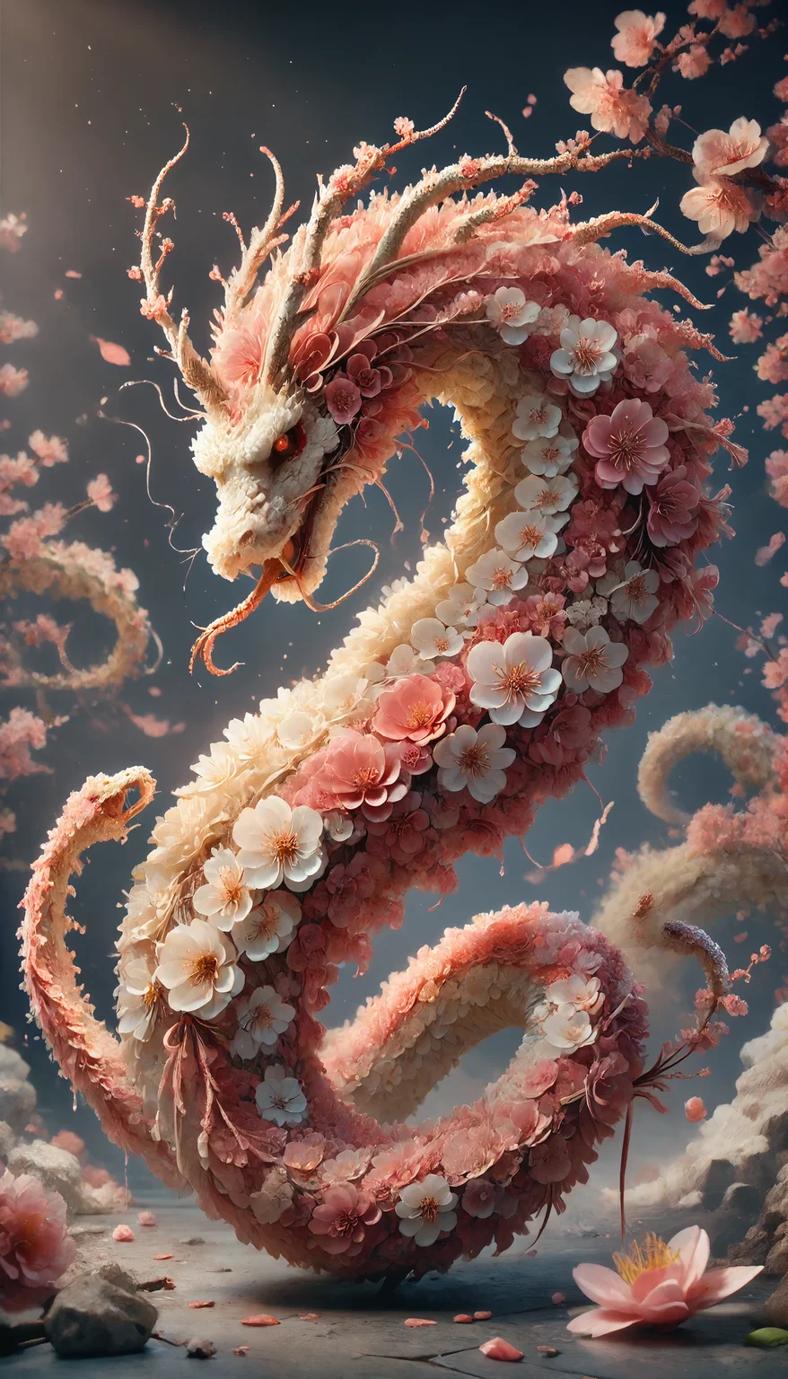 score_9, score_8_up, score_7_up, BREAK, chinese snake made of sakura in a traditional chinese background, no humans