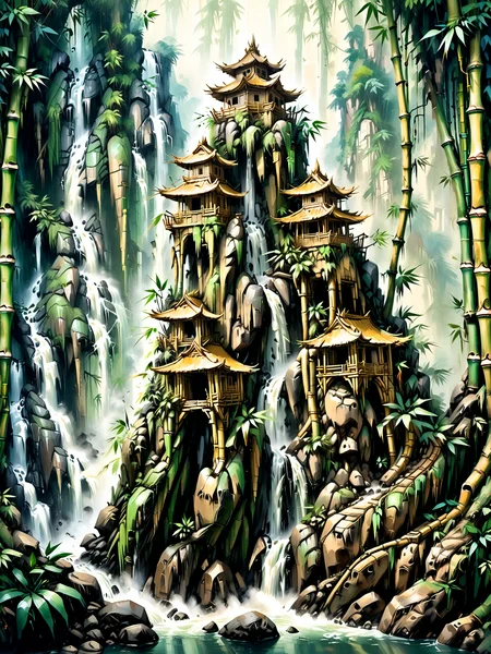 fortress made of Jed-Bmbrts on a cliff next to a huge water fall in the jungle, og, haze, lightray, <lora:BambooRootsStyle:1> <lora:xl_more_art-full_v1:1> <lora:Retro_Illustration:0.6> 2d game scene, oil and watercolor painting, (masterpiece:1.2), best quality