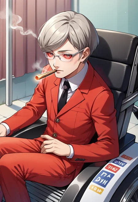 score_9, score_8_up, score_7_up, source_anime, BREAK 1boy, solo, <lora:zs_StephenXL:1>, stephensmt, grey hair, short hair, grey eyes, glasses, red blazer, white shirt, black tie, red pants, wheelchair, sitting, <lora:Stoned-pdxl_Fp:1>, smoking, colored sclera, stoned,