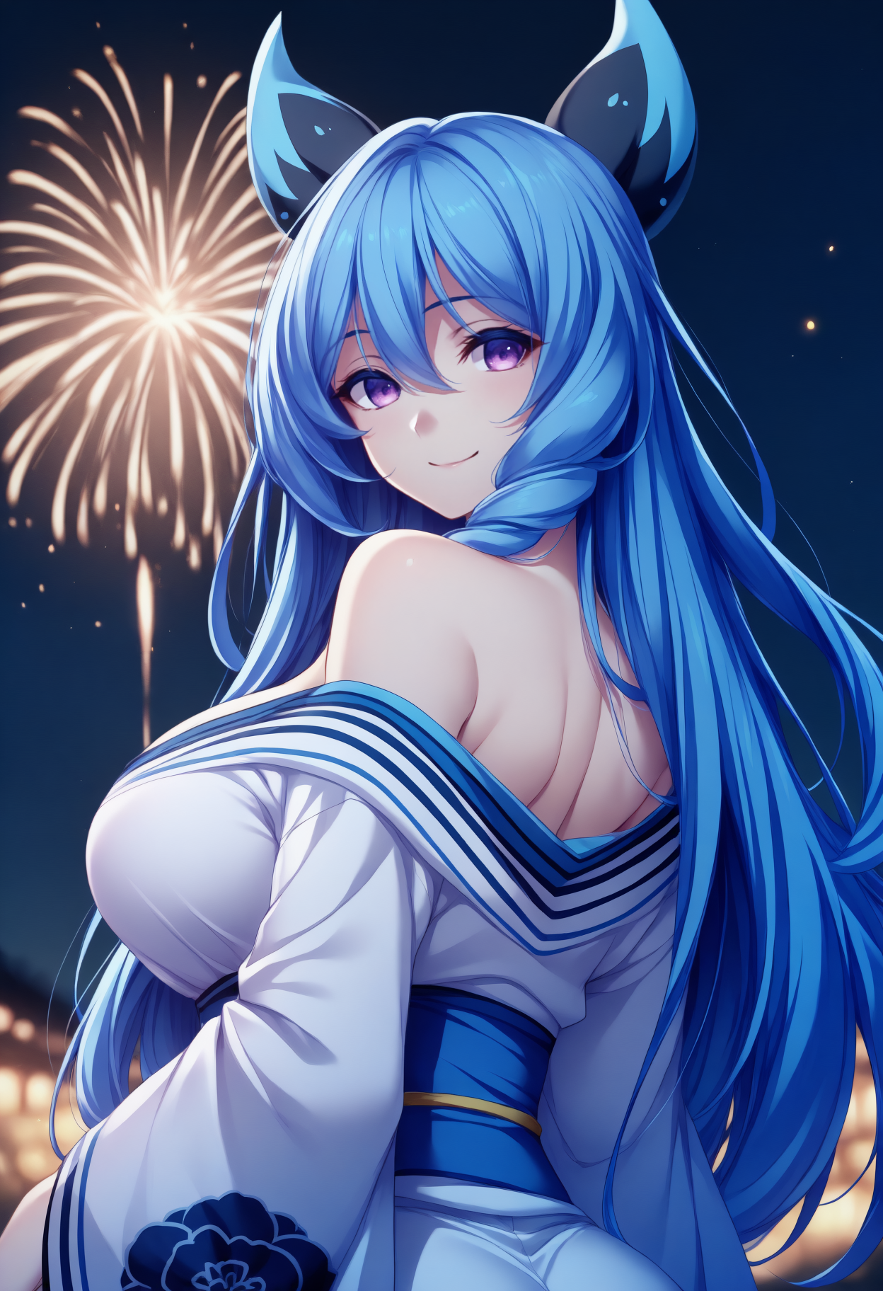 anime, masterpiece, best quality, <break> from behind, solo, 1girl, smile, looking at viewer, long hair, blue hair, hair between eyes, drill sidelocks, headgear, purple eyes, japanese clothes, white kimono, floral print kimono, off shoulder, blue sash, bare shoulders, outdoors, night, fireworks
<segment:yolo-Anzhc Face seg 640 v2 y8n.pt,0.4,0.5//cid=1>