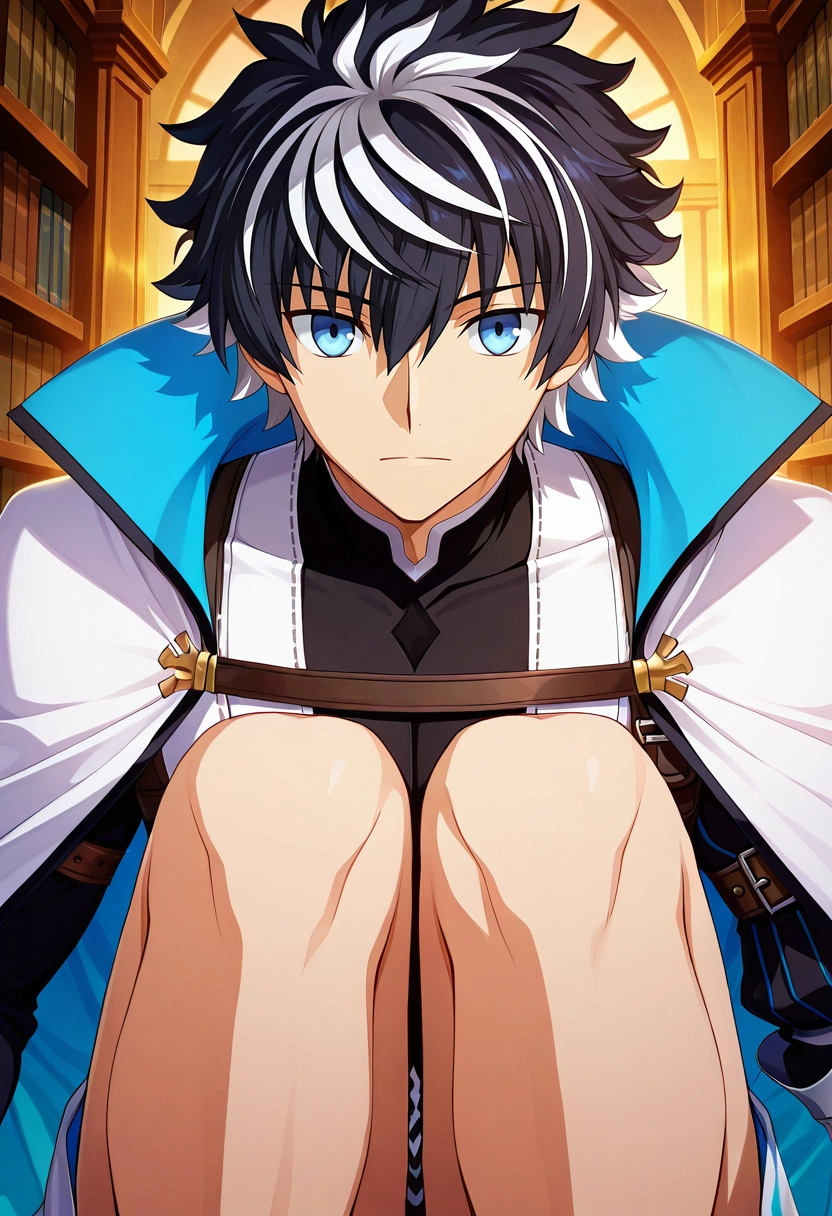 masterpiece, best quality, intricate details, anime screencap, anime coloring, official style, , 1boy, solo, male focus, <lora:charlemagne_fate_ilxl:0.96>, charlemagne_fate, black hair, blue eyes, multicolored hair, white hair, two-tone hair, short hair, hair between eyes, bangs, streaked hair, , symmetry, library, books, dusk, knees up, expressionless,