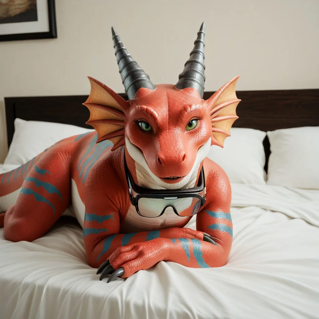 core_9, score_8_up, score_7_up, score_6_up, masterpiece, high quality, realistic, detailed, best quality, 1girl, solo, rating_safe, source_furry, bedroom, smiling, happy, seductive, (looking at viewer), lying on bed, negative_hand, lying on bed, feral, Anna_awsw, red scales, black horns, blue stripes on scales, head fins, dragon, tail, scales, claws, feral, female, green eyes, goggles around neck, detailed scales, clear goggles