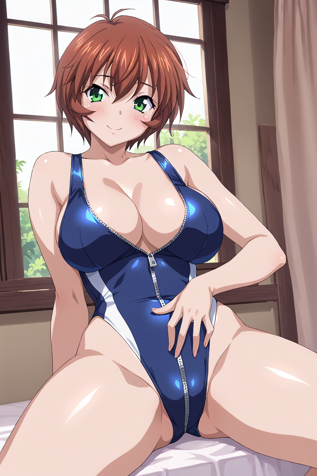 score_9, score_8_up, score_7_up, BREAK source_anime, masterpiece, anime screencap, shiny skin, thick thighs, 
1girl, chinkyuu koudai, short hair, brown hair, green eyes, large breasts,  <lora:chinkyuu_pony-000007:1>
thigh gap, bare arms, zipper, blue one-piece swimsuit, collarbone, (lower the zipper:1.2),
looking at view, blush, smile,