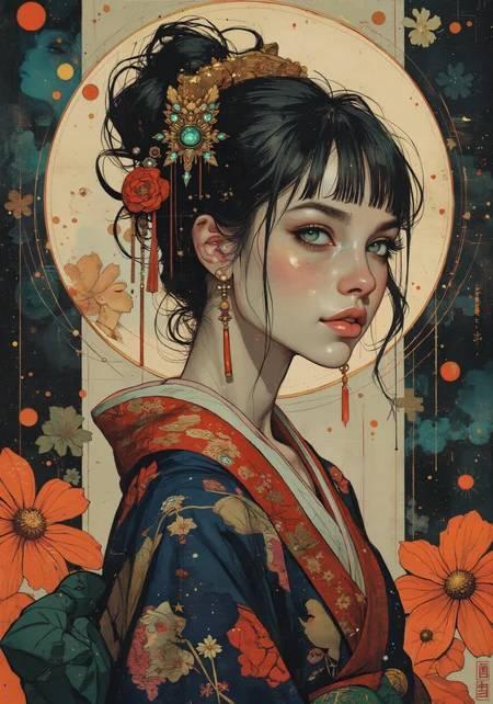 Anime illustration, radiant exotic beauty, serenely poised with a luminous, delicate complexion, adorned in an opulent, embroidered ancient kimono fused with futuristic holographic accents. Intricate crystal and gilded jewelry, sparkling eyes with mysterious stardust, and a subtle blush evoke an alluring charm. Ethereal atmosphere blending vibrant neon hues with evocative historic motifs, set against an otherworldly urban fantasy backdrop where futuristic elements interlace with ancient artistic patterns. Dynamic side view composition, full body portrait emphasizing multi-layered textures and intricate details, rendered in 8K masterpiece quality. A fusion of abstract design and animated cultural storytelling creating an evocative and enchanting presence. <lora:reedy-art-style:0.4> <lora:ck-charcoal-drawing-000014:0.7> <lora:DND_GRAINYBOYZ_FG_FLUX_V2_ROMULUS_Lora:0.4> <lora:Semi-realisticPortraitPainting:0.7> <lora:Hand v2:0.2> <lora:flux_dev:1>