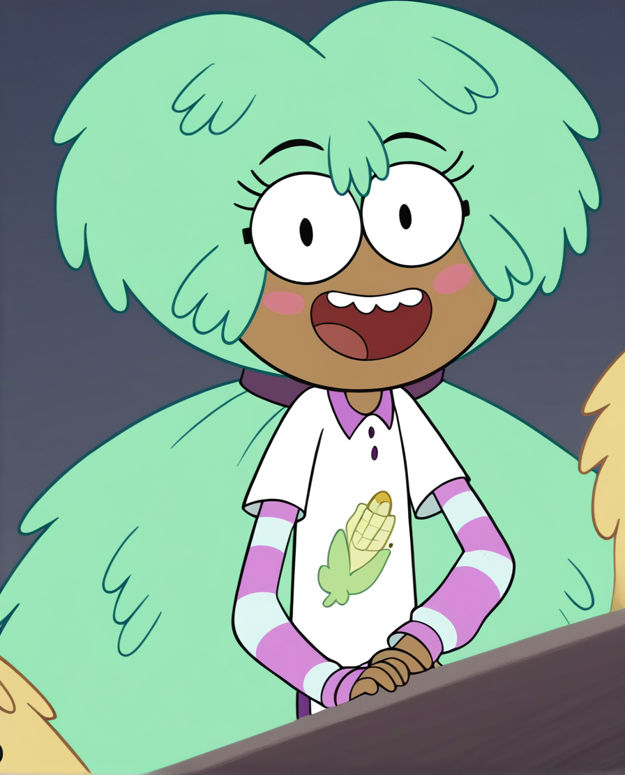 <lora:KellyStarVSPony:1.0> Kelly, happy, smile, 1girl, solo, green hair, blush stickers, open mouth,, teeth, glasses, ponytail, long hair, white shirt, long sleeves, striped, corn shirt, score_9, score_8_up, score_7_up, score_6_up, score_5_up, score_4_up, looking at viewer,