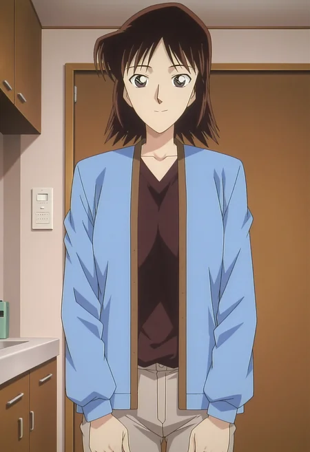 1girl,solo,masterpiece,best quality,1990s \(style\),anime screenshot,
<lora:shimamura_sachiko_conan_v1_IL:0.9>,shimamura sachiko,mature female,parted bangs,black hair,brown hair,medium hair,long sleeves,aqua hanten \(clothes\), dark purple shirt,light grey pants,
smile,looking at viewer,cowboy shot,indoors,home,straight-on,closed mouth,<lora:dmd2_sdxl_4step:1>