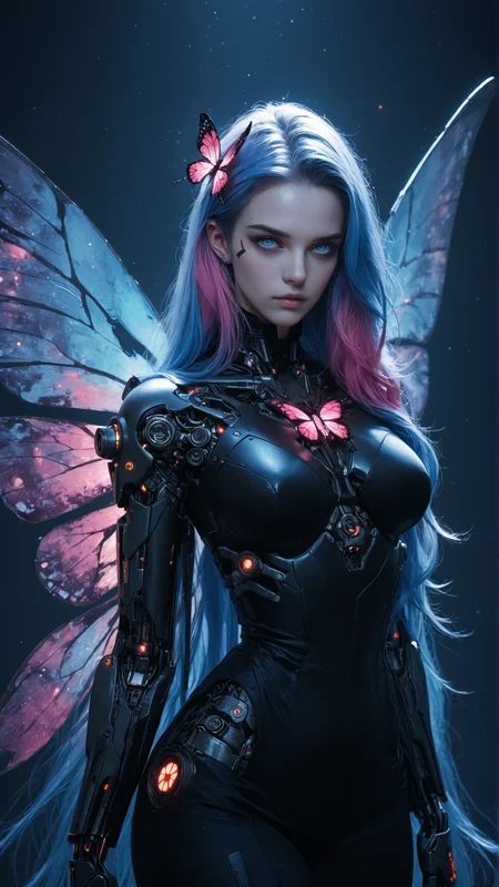 score_9, score_8_up, score_7_up, Jed-dblexpsre effect, double exposure, merged, Jed-dblexpsre, huge spread cyber butterfly wings, multicolor dyed hair, very long straight hair, seablue eyes, cyborg girl, cyborg body details, dark space background with planets and stars,