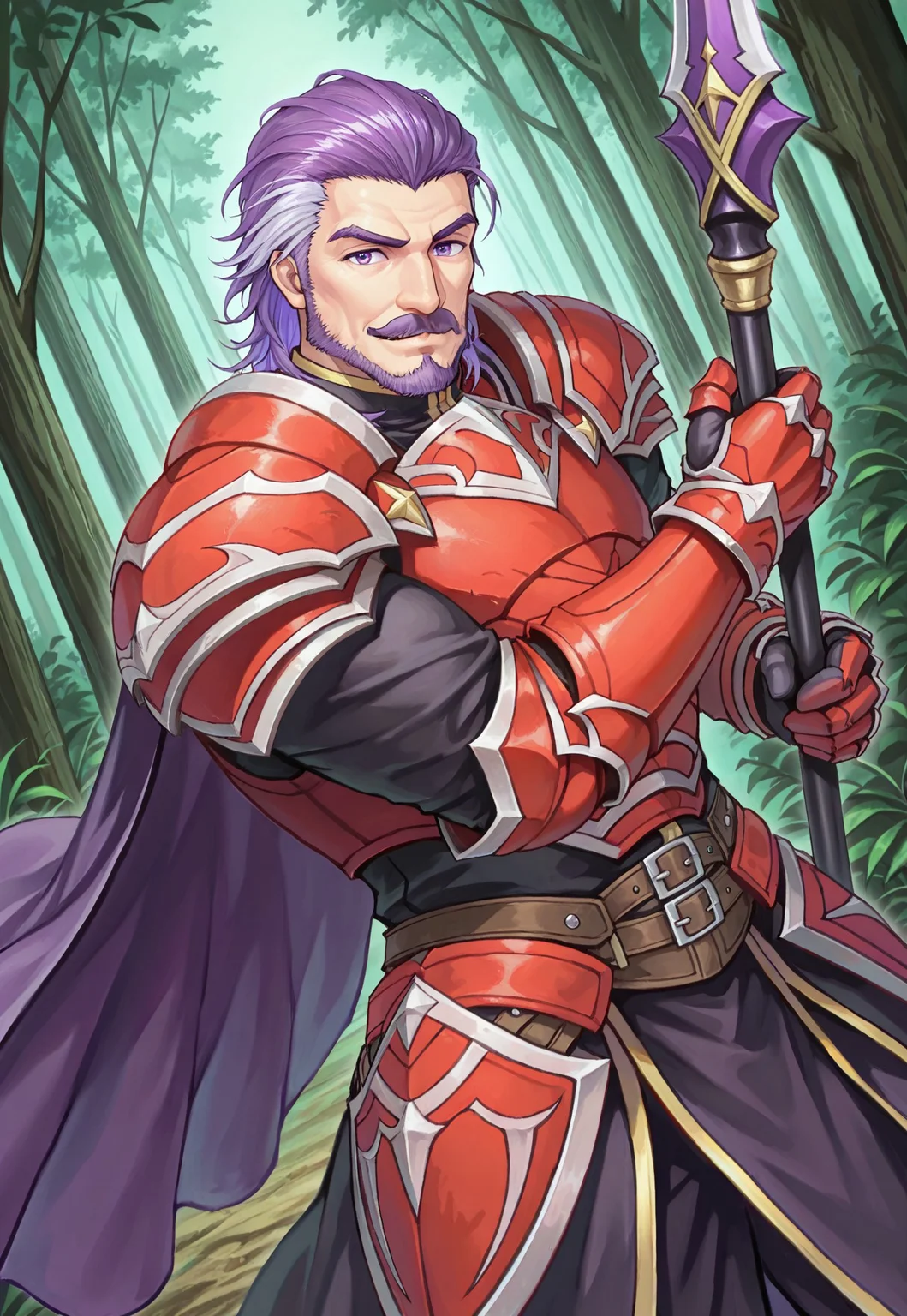 Duessel, 1boy, medium hair, mature male, muscular, facial hair, mustache, two-tone hair, purple hair, grey hair, greyish purple eyes, armor, pauldrons, belt, gauntlets, looking at viewer, forest, smile, cape, dynamic pose, holding a polearm, dutch angle, cowboy shot,