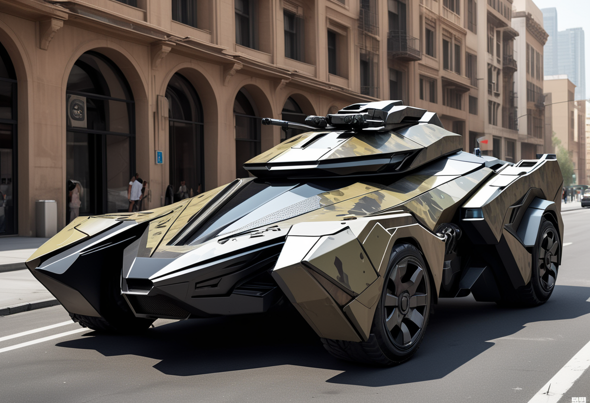 (medium full shot) of (futuristic light desert-camo futuristic armored car, batmobile style) with carbon-fiber armor, elegant design, gas-turbine engine, stealth coating, adorned with camouflage netting, set in  a futuristic city, featuring advanced architecture, automated systems, sleek public spaces, ,Masterpiece,best quality, raw photo, realistic, very aesthetic