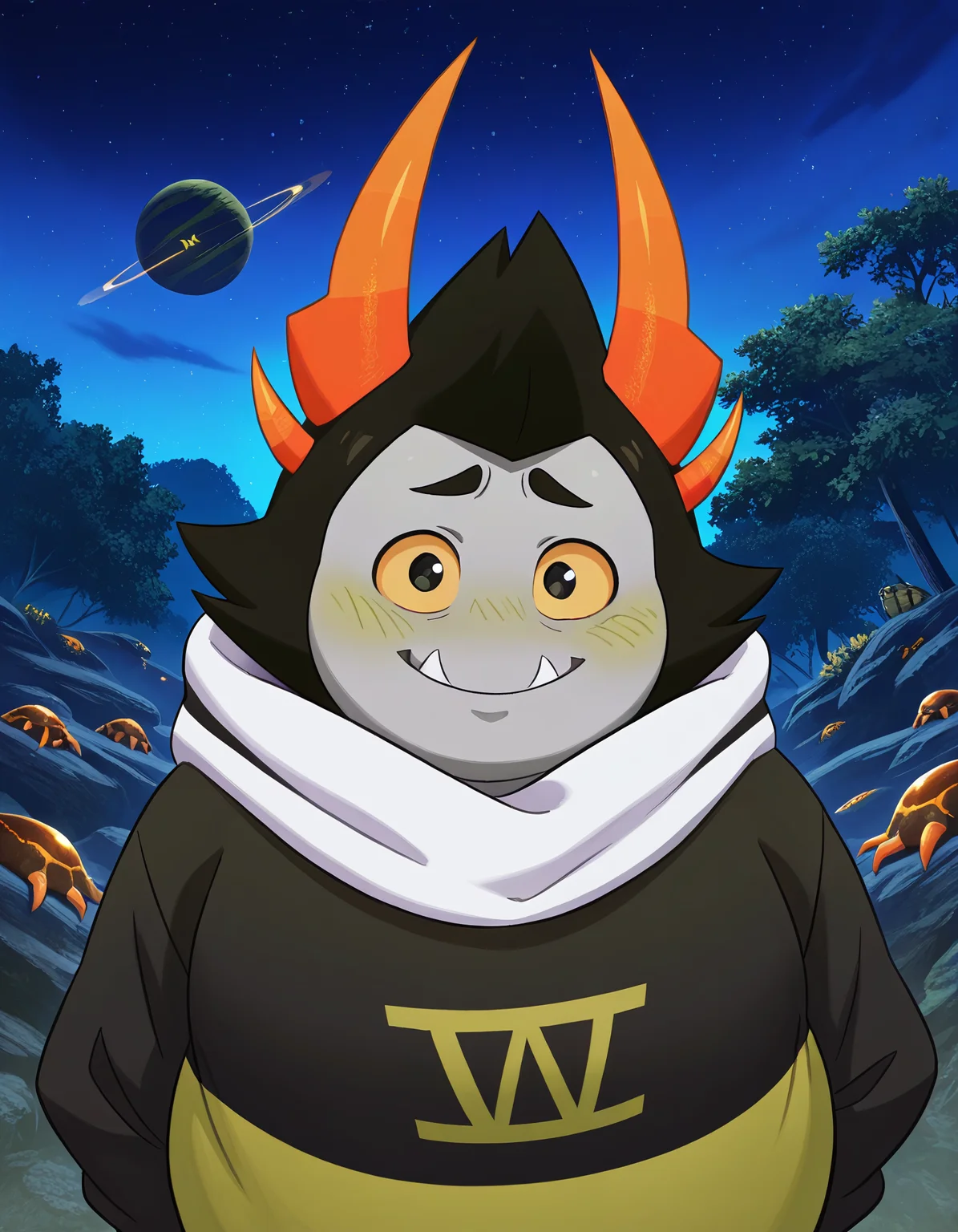 masterpiece, official art, best quality, detailed, solo, Zebede, 1boy, male, troll, grey skin, black hair+, orange horns, yellow sclera, black eyes, plump, obese, fat, noseless, tusks, fangs, short, hoodie, symbol on hoodie, looking at viewer, shy, smile, outdoors, alien planet, night time,