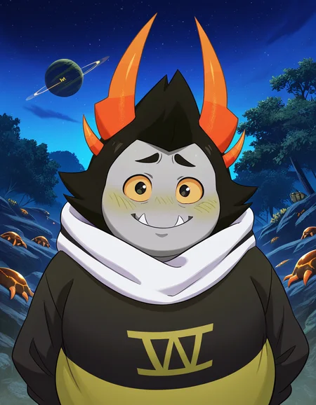 masterpiece, official art, best quality, detailed, solo, Zebede, 1boy, male, troll, grey skin, black hair+, orange horns, yellow sclera, black eyes, plump, obese, fat, noseless, tusks, fangs, short, hoodie, symbol on hoodie, looking at viewer, shy, smile, outdoors, alien planet, night time,
