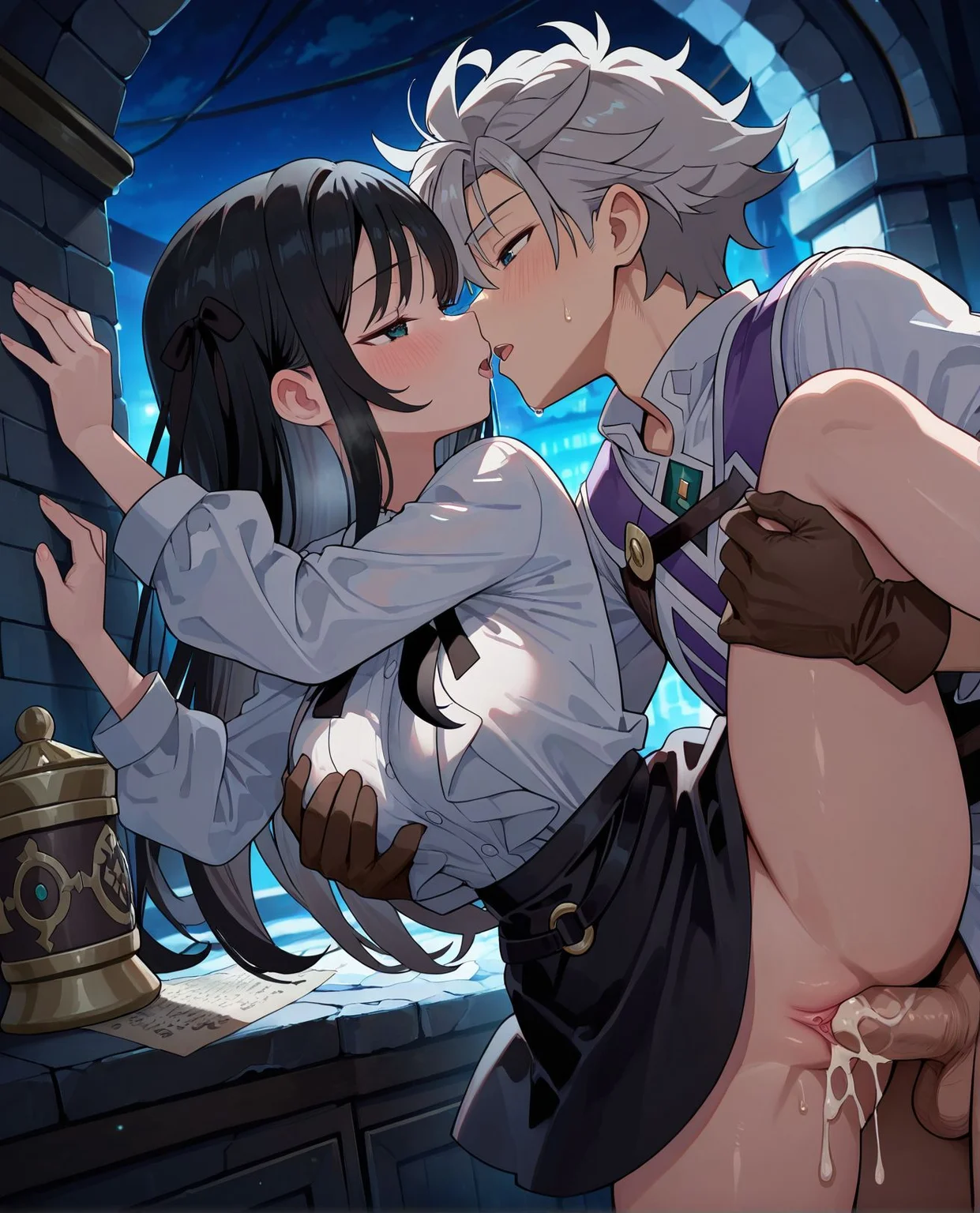masterpiece,best quality,amazing quality,very aesthetic,absurdres,newest, huge filesize,
<lora:spo_sdxl_10ep_4k-data_lora_webui:0.5>,anime coloring, anime screenshot, flat color,
<lora:add-detail-xl:1>
1girl,1boy,hetero,sex from behind, imminent kiss, doggystyle,
(front view:1.4),grabbing another's breast, half-closed eyes, one leg up,penis, cum in pussy,
<lora:girumasu:1>girumasuV1,
skirt,
long hair,shirt,
white shirt,
black skirt,black hair female,
g_alina,
g_jade,gloves,
grey hair,
Adventurer's Guild Document Counter,work overtime,
dark theme,night,
