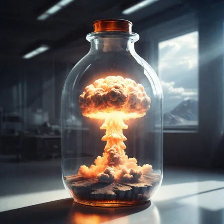 nuclear explosion inside a large transparent bottle,