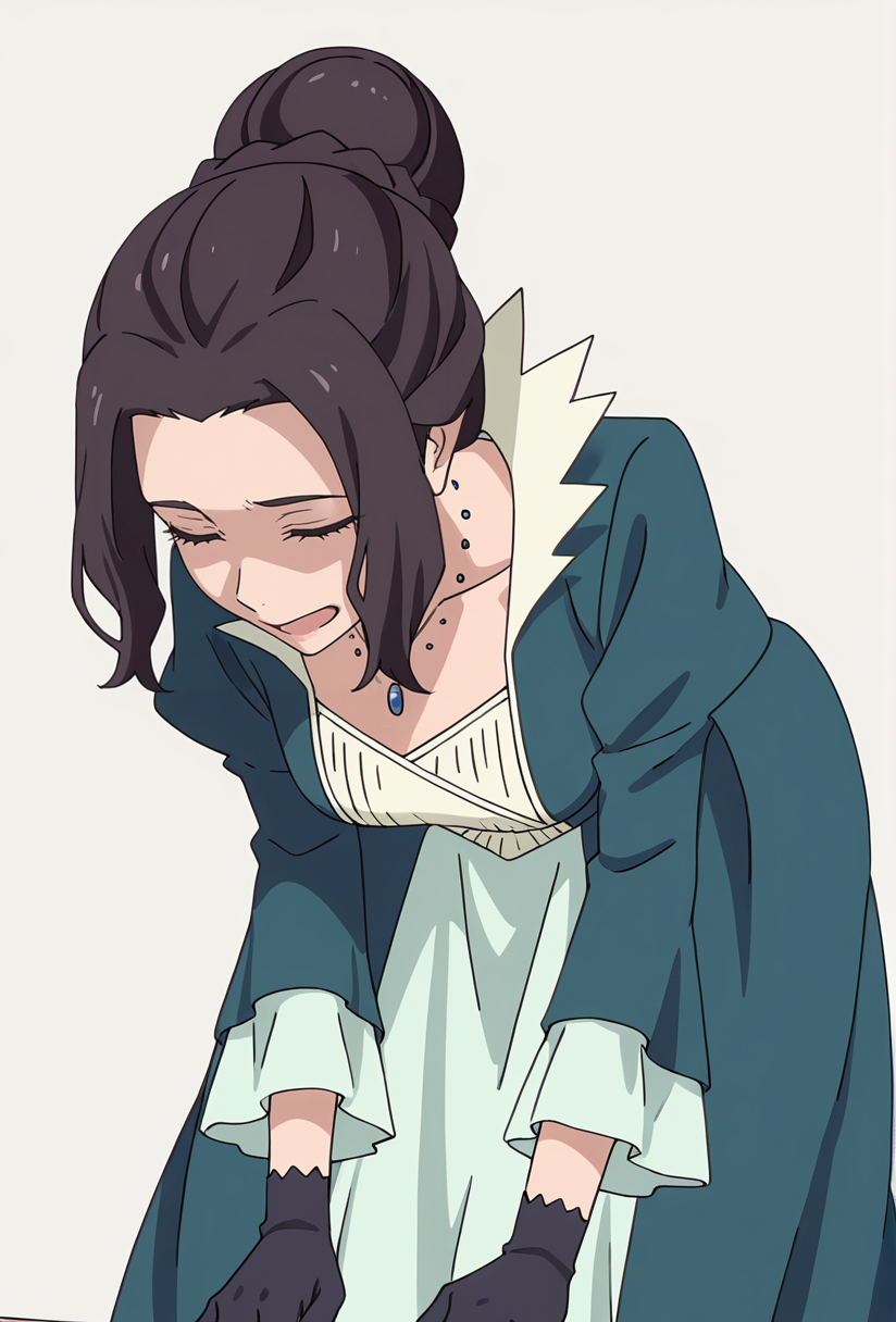 Smooth Quality,masterpiece,very intricate, high quality details, ultra realistic, high detailed skin,detailed enviorement,absurdres,
simple background, white background, 
bent over,stifled laugh,
 <lora:Blumund_Queen_cnn:0.8>blumundqueencnn,1girl, black hair, hair bun,
long sleeves, blue dress, black gloves,jewelry, necklace, 
<lora:HanasetoCNR_Styles:0.8> hanaseto_style_cnn