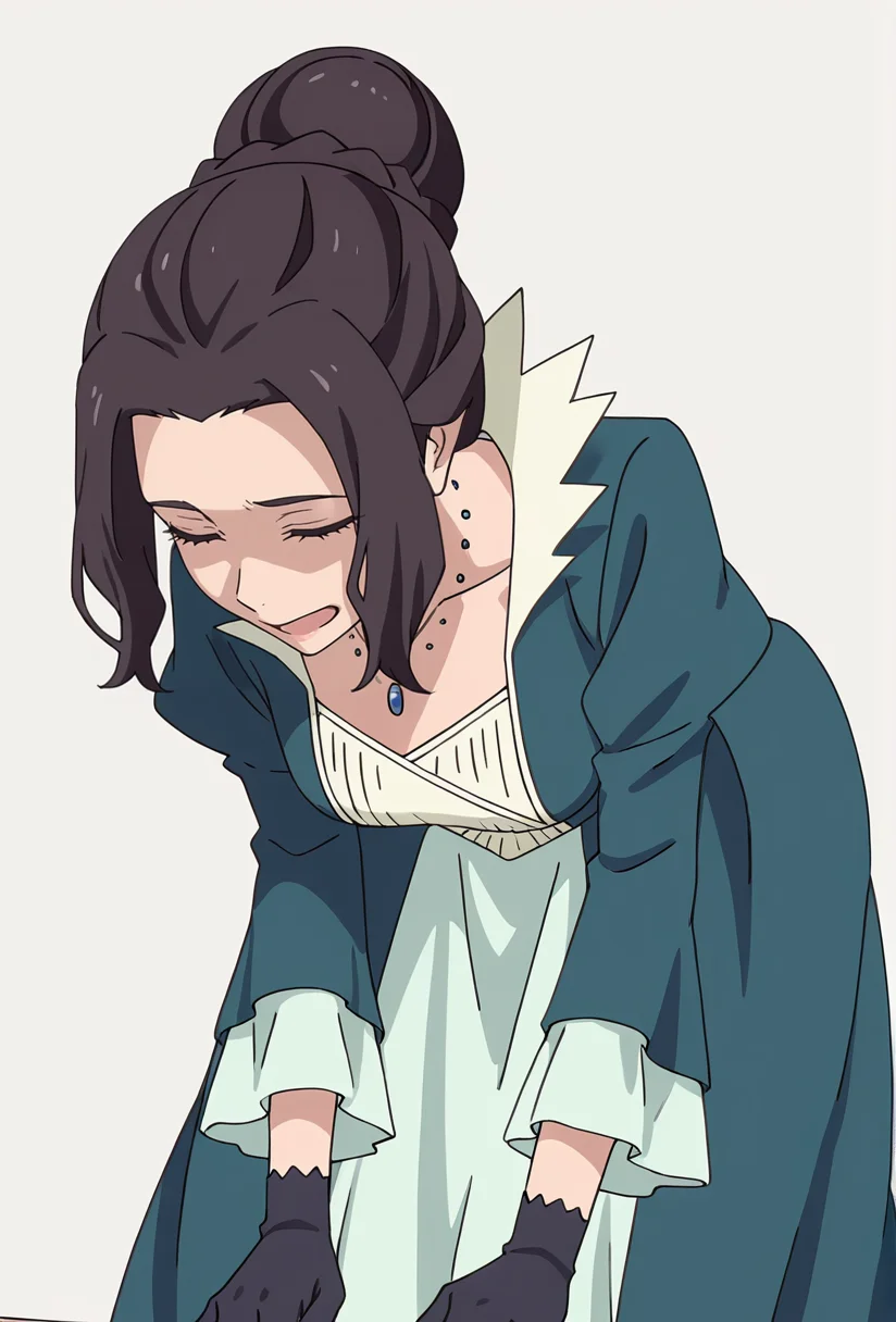 Smooth Quality,masterpiece,very intricate, high quality details, ultra realistic, high detailed skin,detailed enviorement,absurdres,
simple background, white background, 
bent over,stifled laugh,
 <lora:Blumund_Queen_cnn:0.8>blumundqueencnn,1girl, black hair, hair bun,
long sleeves, blue dress, black gloves,jewelry, necklace, 
<lora:HanasetoCNR_Styles:0.8> hanaseto_style_cnn