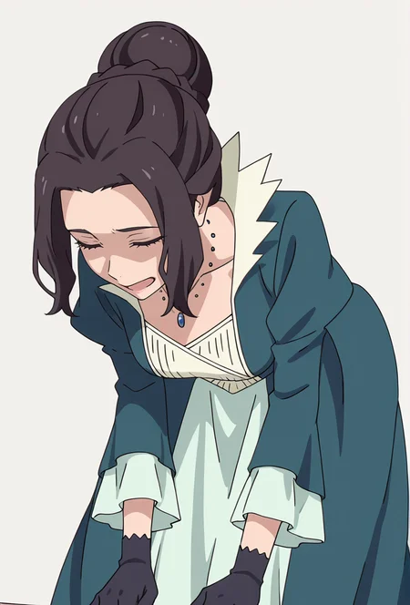 Smooth Quality,masterpiece,very intricate, high quality details, ultra realistic, high detailed skin,detailed enviorement,absurdres,
simple background, white background, 
bent over,stifled laugh,
 <lora:Blumund_Queen_cnn:0.8>blumundqueencnn,1girl, black hair, hair bun,
long sleeves, blue dress, black gloves,jewelry, necklace, 
<lora:HanasetoCNR_Styles:0.8> hanaseto_style_cnn