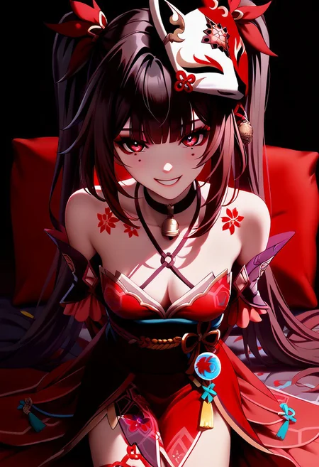 Sparkleee_Honkai
red_eyes, black_hair, twintails, long_hair, mole_under_eye, tattoo, small_breasts, neck_bell, halterneck, black_choker, mask_on_head, black_sash, bare_shoulders, cleavage, detached_sleeves, red_dress, tassel
DNDFG, Detailed drawing
1 solo girl, sit on big red pillow, look at viewer, grin smile, teasing, hands behind back, look from above
Dark-red room background, plushes toys. toys,  detailed room. detailed background, detailed