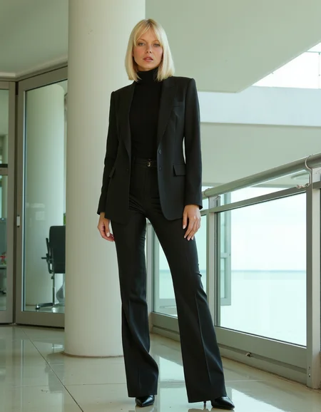 surrealist art Art Nouveau style A stylish blonde woman in her early 30s, dressed in contemporary high-fashion. She wears a sleek, tailored blazer over a turtleneck sweater paired with elegant wide-legged trousers. Her hair is styled in a smooth, shoulder-length bob, complementing her polished and confident appearance. She stands against a minimalist cityscape backdrop with clean lines and glass architecture. Subtle natural light highlights her poised and refined look.
<lora:Janacovaxhres-grm80vx:1> . elegant, decorative, curvilinear forms, nature-inspired, ornate, detailed . dreamlike, mysterious, provocative, symbolic, intricate, detailed
