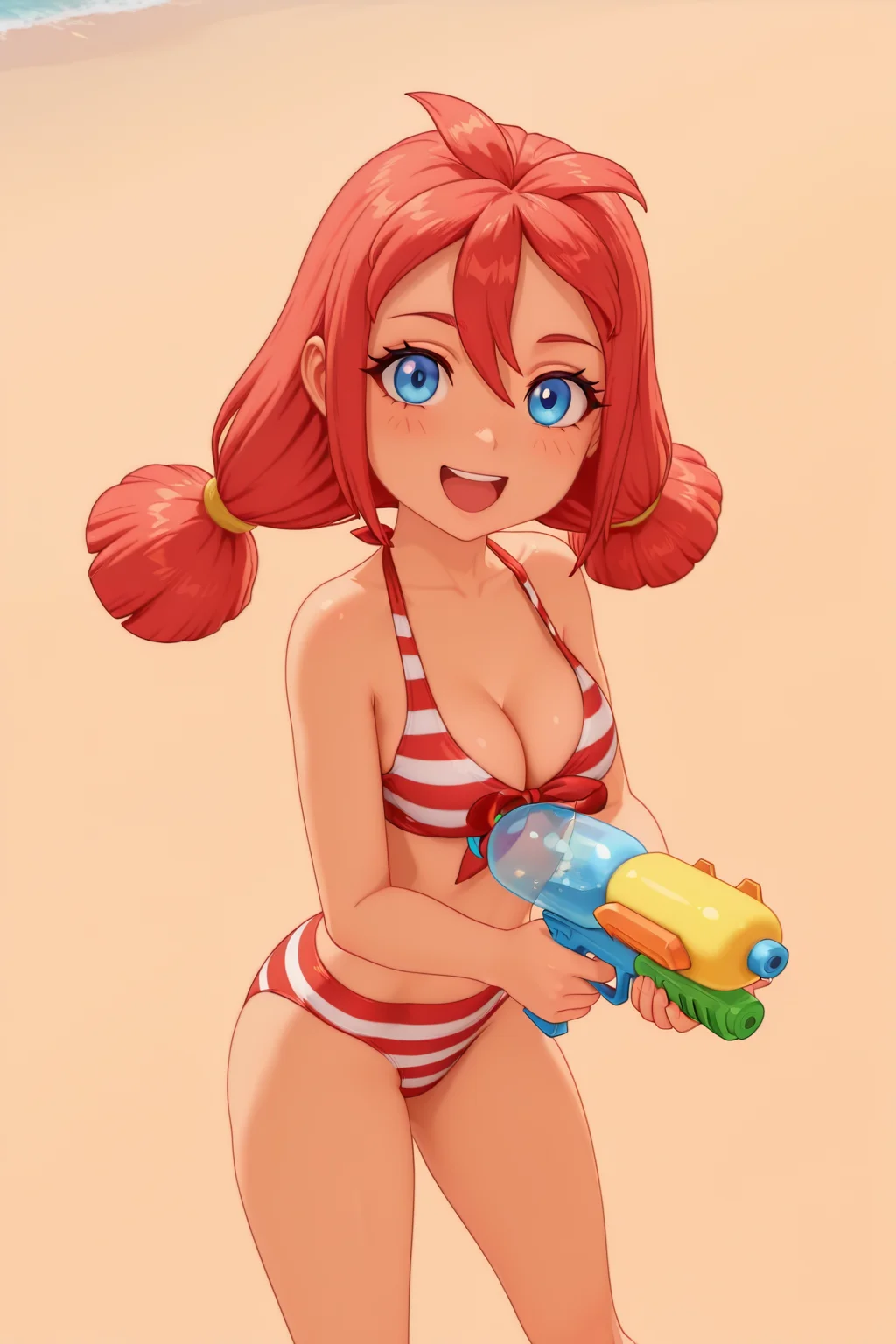 RIIIILF, BTBF, G3NSHIN, 3D, FUlyanaF, blue eyes, red hair, 1girl, solo, water gun, striped swimsuit, happy, medium breasts, cleavage, beach, simple background, soft, smooth, very aesthetic, masterpiece, best quality, amazing quality, 8k, ultra-HD, high detail