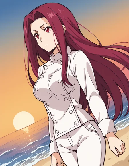 score_9, score_8_up, score_7_up, source_anime, <lora:ryouko-sakaki-s1-ponyxl-lora-nochekaiser:1>, ryouko sakaki, long hair, red eyes, red hair, forehead, large breasts,, chef, pants, white pants,, beach, sunset, walking along shore, footprints in sand, waves, peaceful, , , hand making an OK sign, solo,, cowboy shot, dutch angle