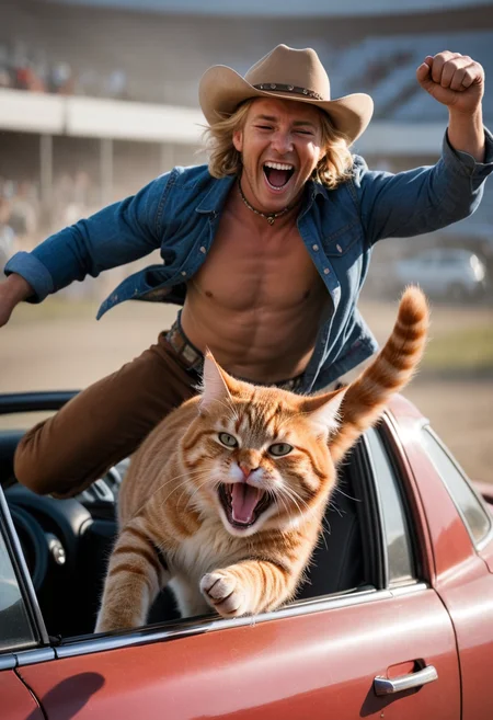action shot, Cat,In a car,With a cowboy hat,Laughing strong, <lora:RMSDXL_Enhance:2> <lora:RMSDXL_Darkness_Cinema:1> <lora:d\EnvyActionShotXL01:0.85>, action shot,
