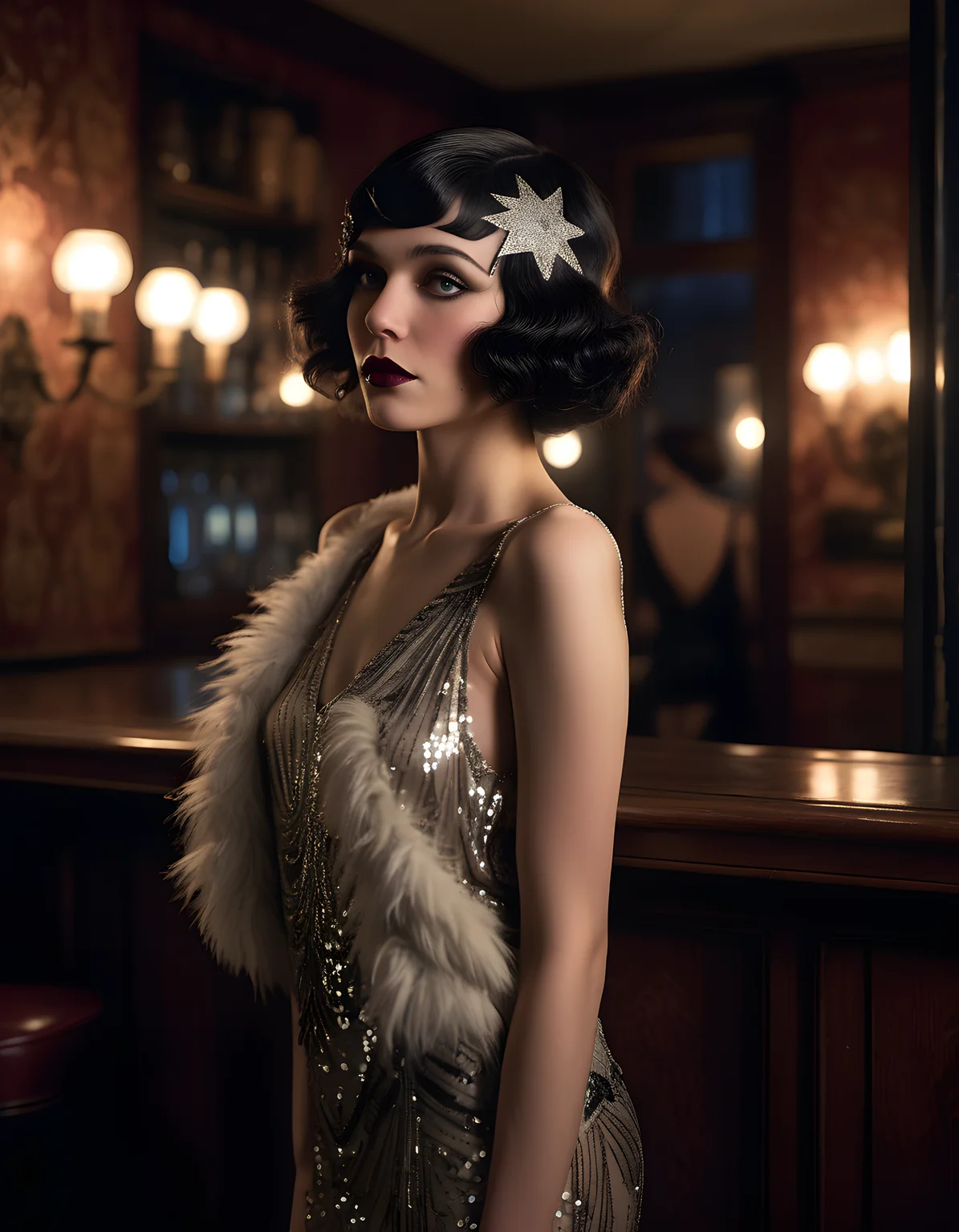 A high-definition, close-up image of V10L3T5, a woman with raven-black hair cascading down to her waist, her eyes as dark as the night sky, gazing intently at the viewer with parted lips and an air of mystery. The setting is a dimly lit, vintage Parisian speakeasy, with the soft glow of candlelight reflecting off the polished mahogany bar behind her. Her hair, styled in loose curls, shimmers under this ambient light, creating a halo effect around her head. She's dressed in an extravagant 1920s flapper outfit: a sequin-embroidered dress that sparkles like the stars above, paired with a fur boa draped over one shoulder and black heels that click ominously against the wooden floor. The background reveals a smoky room filled with shadows and the low murmur of conversation, adding to the enigmatic allure of this captivating woman.
