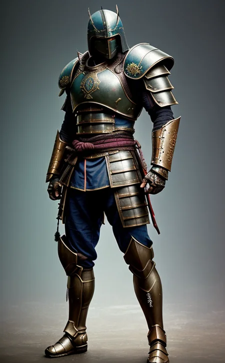 samurai in the armor, (dark shot:1.17), epic realistic, faded, ((neutral colors)), art, (hdr:1.5), (muted colors:1.2), hyperdetailed, (artstation:1.5), cinematic, warm lights, dramatic light, (intricate details:1.1), complex background, (rutkowski:0.8), (teal and orange:0.4),((full body:1.9)), by Blizzard entertainment, (massive armor), big armor, large samurai armor:1.9, wearing samurai helmet, low light, facing camera, big muscles, muscled body, badass, badass style, steam punk, lot of details, detailed armor, large shoulders, large arms, large, limbs, half side portrait, ((dark background)), (night time), dark shadow, katana on his back, yoroi armor