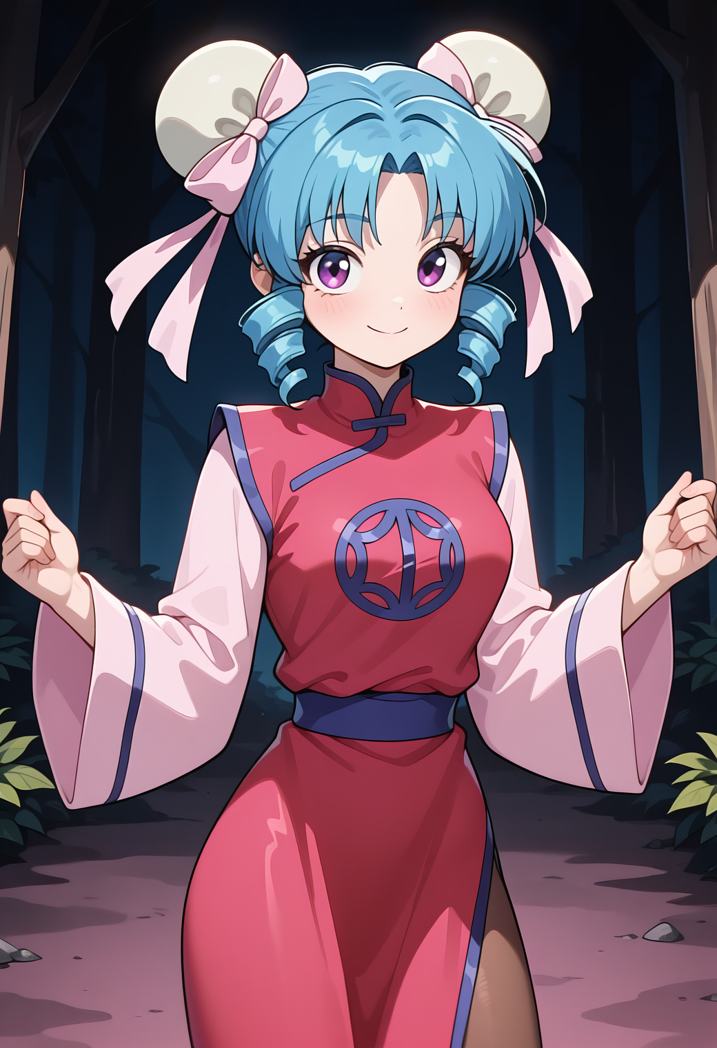 masterpiece, best quality, amazing quality, 1girl, solo,
<lora:female_jinn2_v01:0.9>, female_jinn2, blue hair, short hair, hair bun, double bun, parted bangs, sidelocks, drill hair, twin drills, purple eyes,
bun cover, pink hair bow, china dress, long sleeves, wide sleeves, smile, posing