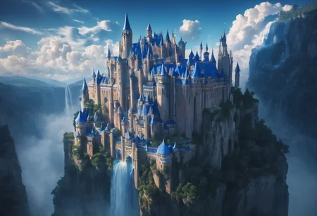 a floating castle in the air, a waterfall flows from the castle to the ground, epic composition, detailed, parts of the castle are made of deep blue crystal, intricate, flying cloud castle, palace floating in the sky, fantasy matte photo, castle in the clouds, high fantasy matte photo, fantasy matte photo, matte fantasy photo, dreamy matte photo, castles floating in mid air, high fantasy castle, fantasy architecture, an immense floating castle