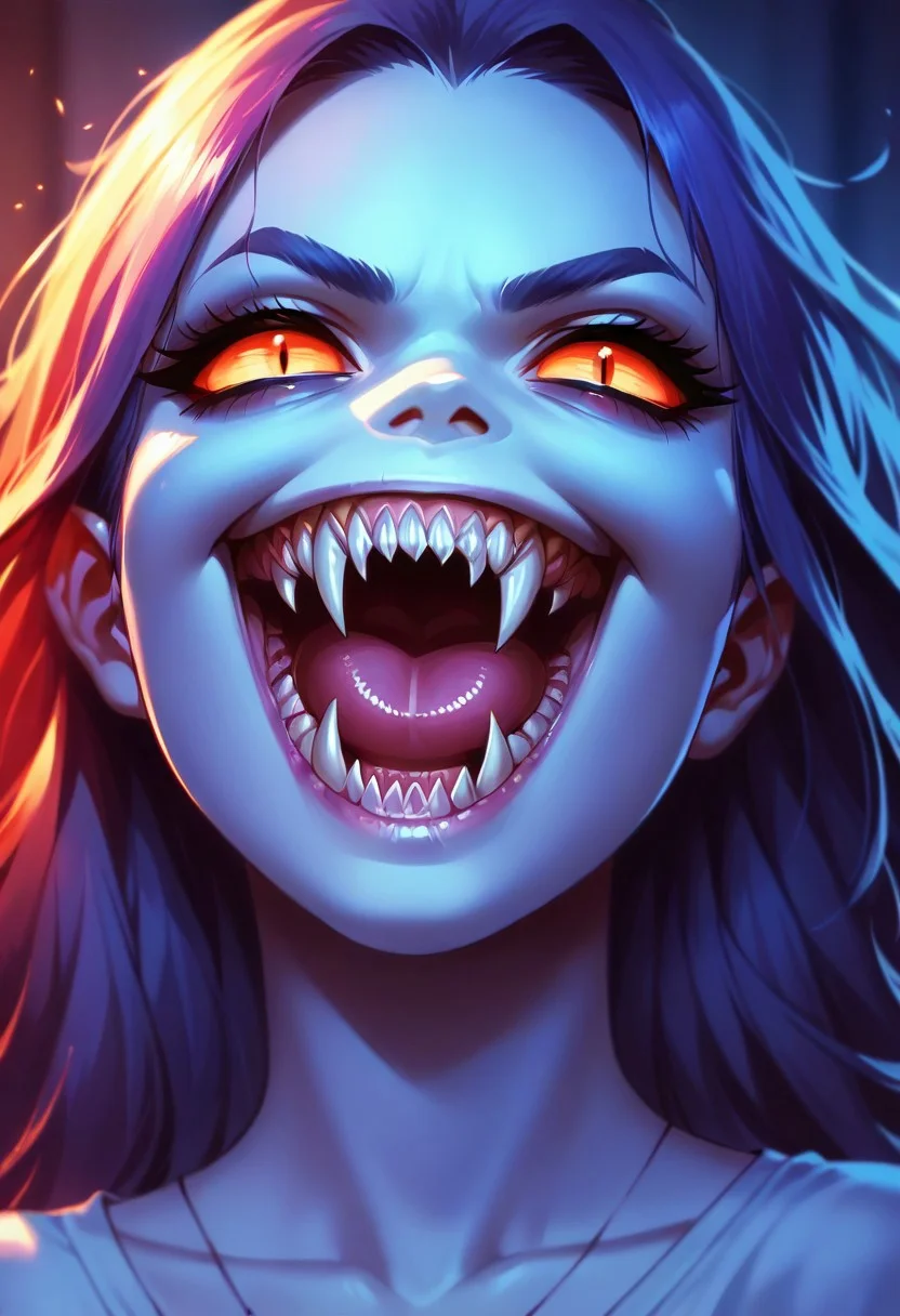 score_9, score_8_up, score_7_up, score_6_up, score_5_up, Perfect Fangs, sharp teeth, 1girl, smile