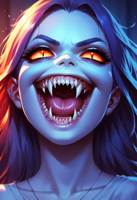 score_9, score_8_up, score_7_up, score_6_up, score_5_up, Perfect Fangs, sharp teeth, 1girl, smile